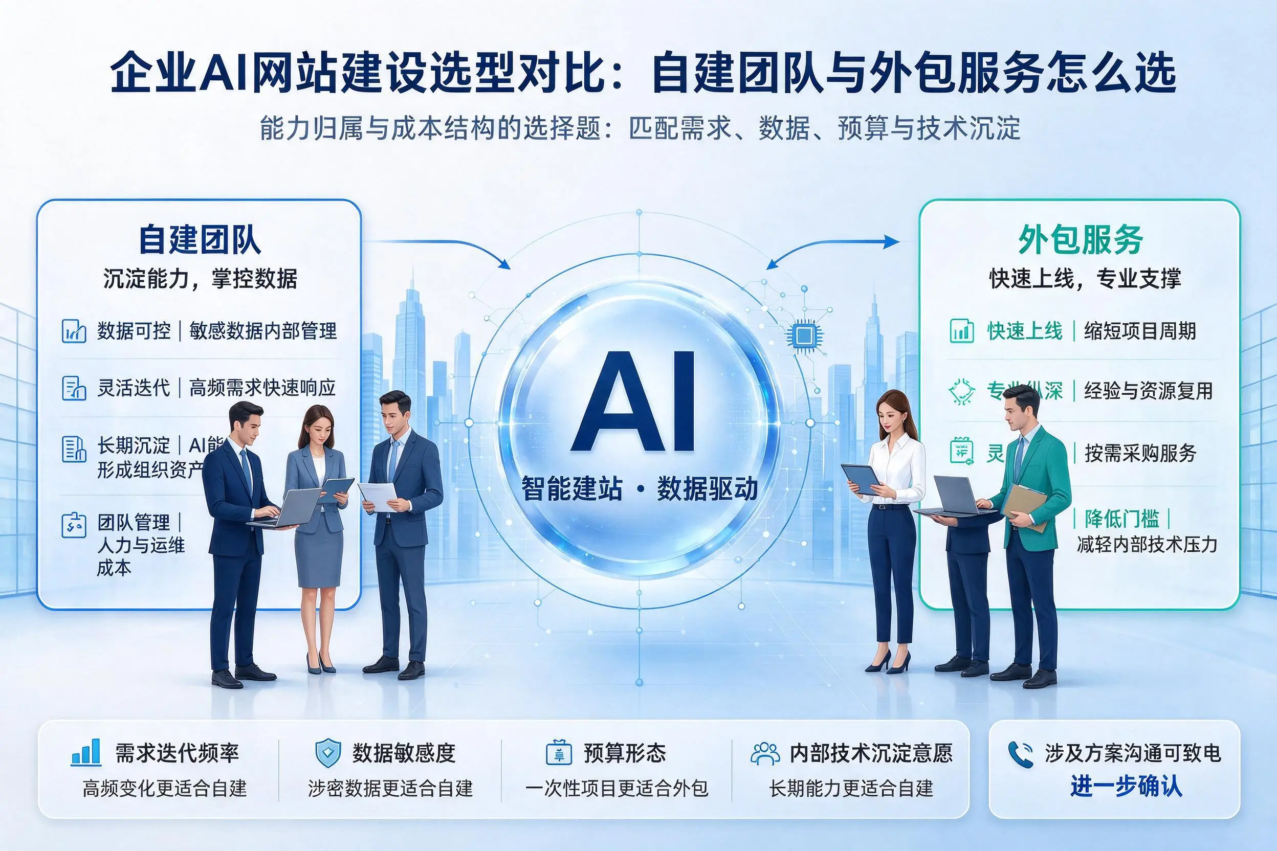 天津企业AI网站建设选型对比：自建团队与外包服务怎么选